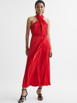 Reiss VIDA SATIN HALTER NECK FITTED MIDI DRESS RED – slinky halterneck occasion dresses – silky fluid party clothing p