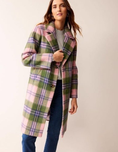 Boden Relaxed-Fit Checked Coat in Pink Check / women’s checked winter coats p - flipped