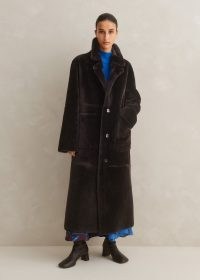 ME AND EM Reversible Shearling Longline Coat in Bitter Chocolate ~ luxury dark brown long length coats ~ women’s luxe outerwear ~ luxurious clothing