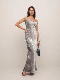 Reformation Ritz Knit Dress in Silver Velvet ~ luxe off the shoulder maxi dresses ~ luxury occasion fashion ~ glamorous party clothing ~ plush metallic event clothes p