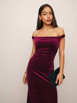 Reformation Ritz Knit Dress in Red Wine Velvet – jewel tone off the shoulder maxi dresses – luxury fitted evening event fashion – luxe bardot occasion clothing p - flipped