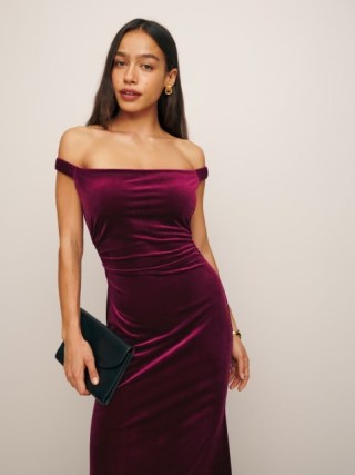 Reformation Ritz Knit Dress in Red Wine Velvet – jewel tone off the shoulder maxi dresses – luxury fitted evening event fashion – luxe bardot occasion clothing p