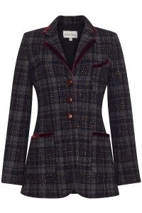 Cara Cara Ross Blazer in Tweed Charcoal / women’s tartan equestrian style blazers / womens checked jackets with velvet trims p