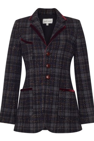 Cara Cara Ross Blazer in Tweed Charcoal / women’s tartan equestrian style blazers / womens checked jackets with velvet trims p - flipped
