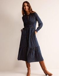 Boden Ruched Jersey Midi Tea Dress in French Navy, Spot / dark blue polka dot print dresses / tiered hem / front keyhole cut out