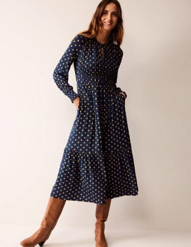 Boden Ruched Jersey Midi Tea Dress in French Navy, Spot / dark blue polka dot print dresses / tiered hem / front keyhole cut out p - flipped