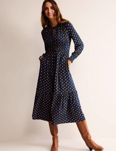Boden Ruched Jersey Midi Tea Dress in French Navy, Spot / dark blue polka dot print dresses / tiered hem / front keyhole cut out p