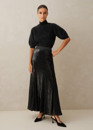ME AND EM Sequin + Georgette Godet Maxi Skirt in Black ~ sequinned occasion skirts p - flipped