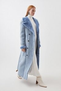 Karne Millen Shearling Double Breasted Belted Maxi Coat in Pale Blue – women’s luxe long length winter coats