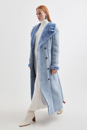 Karne Millen Shearling Double Breasted Belted Maxi Coat in Pale Blue – women’s luxe long length winter coats p - flipped