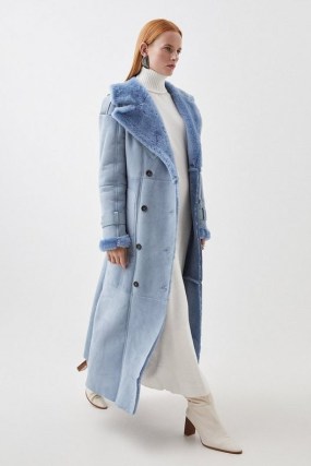 Karne Millen Shearling Double Breasted Belted Maxi Coat in Pale Blue – women’s luxe long length winter coats p
