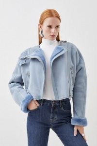 Karen Millen Shearling Rounded Shoulder Biker Jacket in Pale Blue – women’s luxury zip detail jackets