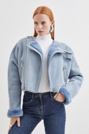 Karen Millen Shearling Rounded Shoulder Biker Jacket in Pale Blue – women’s luxury zip detail jackets p - flipped