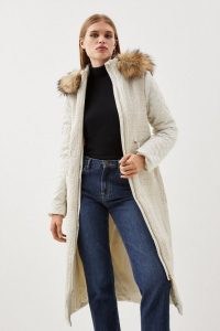 KAREN MILLEN Signature Quilt Faux Fur Hood Longline Coat in Cream / women’s sustainable longline zip front winter coats / recycled fabric outerwear