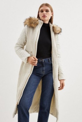 KAREN MILLEN Signature Quilt Faux Fur Hood Longline Coat in Cream / women’s sustainable longline zip front winter coats / recycled fabric outerwear - flipped