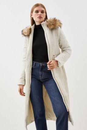 KAREN MILLEN Signature Quilt Faux Fur Hood Longline Coat in Cream / women’s sustainable longline zip front winter coats / recycled fabric outerwear