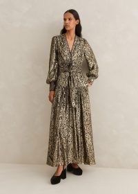 ME AND EM Silk Metallic Flower Lamé Dress + Belt in Black / Gold ~ women’s luxe clothing ~ lavish occasion dresses ~ luxury floral evening event clothing