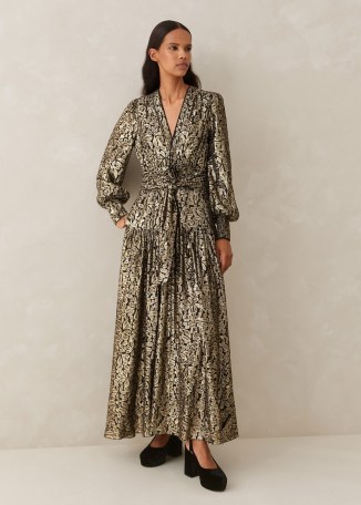 ME AND EM Silk Metallic Flower Lamé Dress + Belt in Black / Gold ~ women’s luxe clothing ~ lavish occasion dresses ~ luxury floral evening event clothing p - flipped