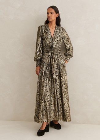ME AND EM Silk Metallic Flower Lamé Dress + Belt in Black / Gold ~ women’s luxe clothing ~ lavish occasion dresses ~ luxury floral evening event clothing p