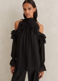 ME AND EM Silk Statement Swing Blouse in Black ~ high neck ruffled trim cold shoulder blouses ~ romantic occasion clothing ~ romance inspired party fashion ~ feminine evening clothes