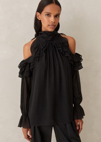 ME AND EM Silk Statement Swing Blouse in Black ~ high neck ruffled trim cold shoulder blouses ~ romantic occasion clothing ~ romance inspired party fashion ~ feminine evening clothes p - flipped