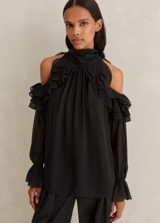ME AND EM Silk Statement Swing Blouse in Black ~ high neck ruffled trim cold shoulder blouses ~ romantic occasion clothing ~ romance inspired party fashion ~ feminine evening clothes p