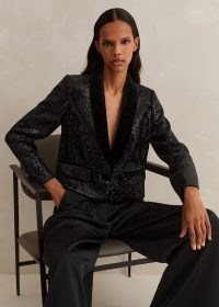 Me and Em Silk-Blend Velvet Sequin Crop Tux Blazer in Black / women’s galmorous evening blazers / cropped sequinned occasion jackets