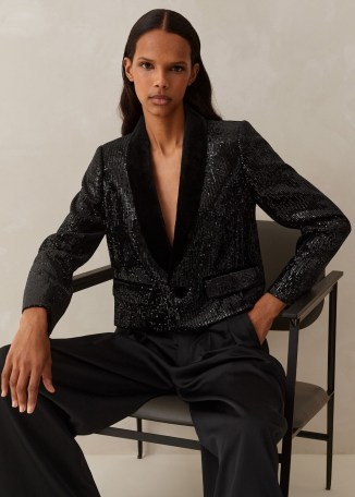 Me and Em Silk-Blend Velvet Sequin Crop Tux Blazer in Black / women’s galmorous evening blazers / cropped sequinned occasion jackets p - flipped