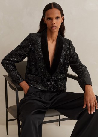 Me and Em Silk-Blend Velvet Sequin Crop Tux Blazer in Black / women’s galmorous evening blazers / cropped sequinned occasion jackets p