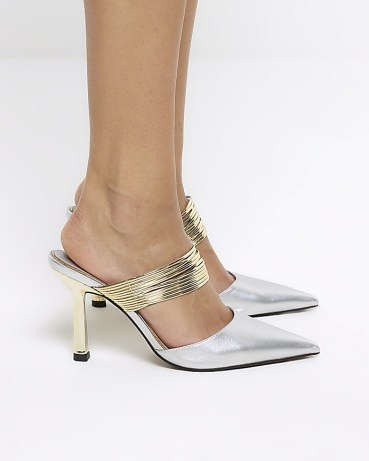 RIVER ISLAND Silver Cuff Heeled Court Shoes ~ metallic party mules ~ shiny pointed toe courts - flipped