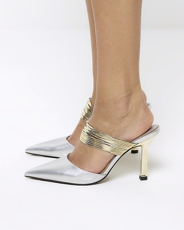 RIVER ISLAND Silver Cuff Heeled Court Shoes ~ metallic party mules ~ shiny pointed toe courts