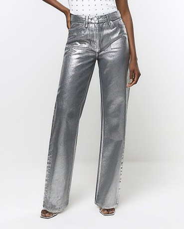 RIVER ISLAND Silver High Waisted Straight Coated Jeans / women’s shiny metallic denim fashion - flipped