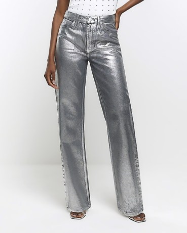 RIVER ISLAND Silver High Waisted Straight Coated Jeans / women’s shiny metallic denim fashion