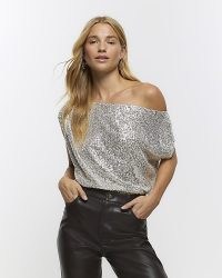 RIVER ISLAND Silver Sequin One Shoulder Top / women’s sequinned tops / womens sparkly partywear