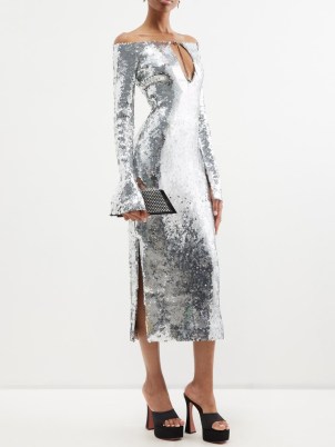 16ARLINGTON Solare keyhole-cutout sequinned midi dress in silver – sequin covered off the shoulder dresses – luxe bardot occasion clothing – luxury cut out party dresses – glamorous evening event fashion p - flipped