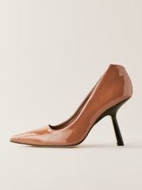 Reformation Skylar Pump in Pecan Patent – glossy light brown court shoes – high shine courts