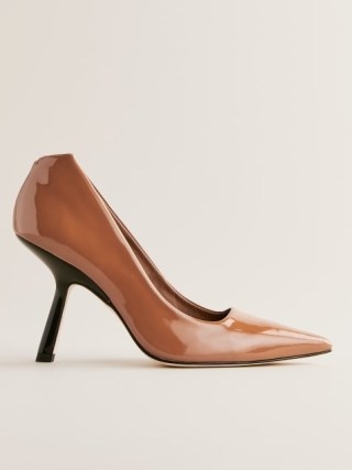 Reformation Skylar Pump in Pecan Patent – glossy light brown court shoes – high shine courts p - flipped