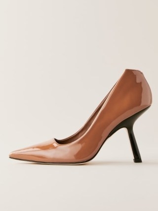 Reformation Skylar Pump in Pecan Patent – glossy light brown court shoes – high shine courts p