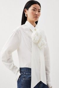 KAREN MILLEN Striped Cotton Woven Shirt With Rosette in White / women’s cotton shirts with 3D floral details