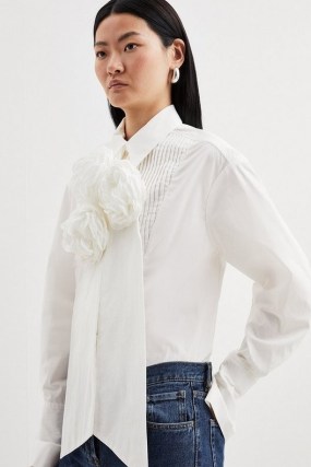 KAREN MILLEN Striped Cotton Woven Shirt With Rosette in White / women’s cotton shirts with 3D floral details p - flipped