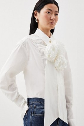 KAREN MILLEN Striped Cotton Woven Shirt With Rosette in White / women’s cotton shirts with 3D floral details p