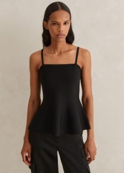 ME and EM Structured Peplum Knit Top in Black | strappy flared hem tops
