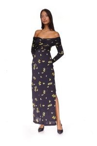 Cara Cara Mirana Dress in Black Flower Shower / floral bardot neckline maxi dresses / off the shoulder evening fashion