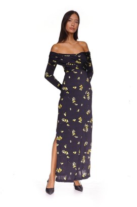 Cara Cara Mirana Dress in Black Flower Shower / floral bardot neckline maxi dresses / off the shoulder evening fashion p - flipped