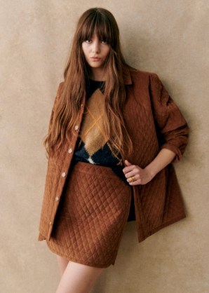 Sezane TANIA SKIRT in Camel ~ brown quilted velvet short length skirts p - flipped