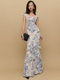 Reformation Tripoli Dress in Luxerne – blue and white floral maxi dresses – frill trimmed occasion clothing – feminine event fashion