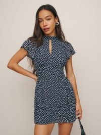 Reformation Vaeda Dress in Orbit – blue short flutter sleeve mini dresses – high neck with a front keyhole cut out – feminine clothing p