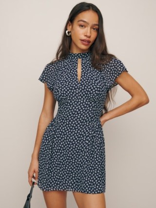 Reformation Vaeda Dress in Orbit – blue short flutter sleeve mini dresses – high neck with a front keyhole cut out – feminine clothing p - flipped