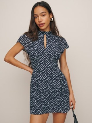 Reformation Vaeda Dress in Orbit – blue short flutter sleeve mini dresses – high neck with a front keyhole cut out – feminine clothing p