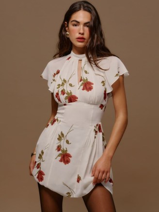 Reformation Vaeda Dress in American Beauty / white and red floral print mini / flutter sleeve high neck mini dresses / fitted bodice with A-line skirt / feminine fashion - flipped